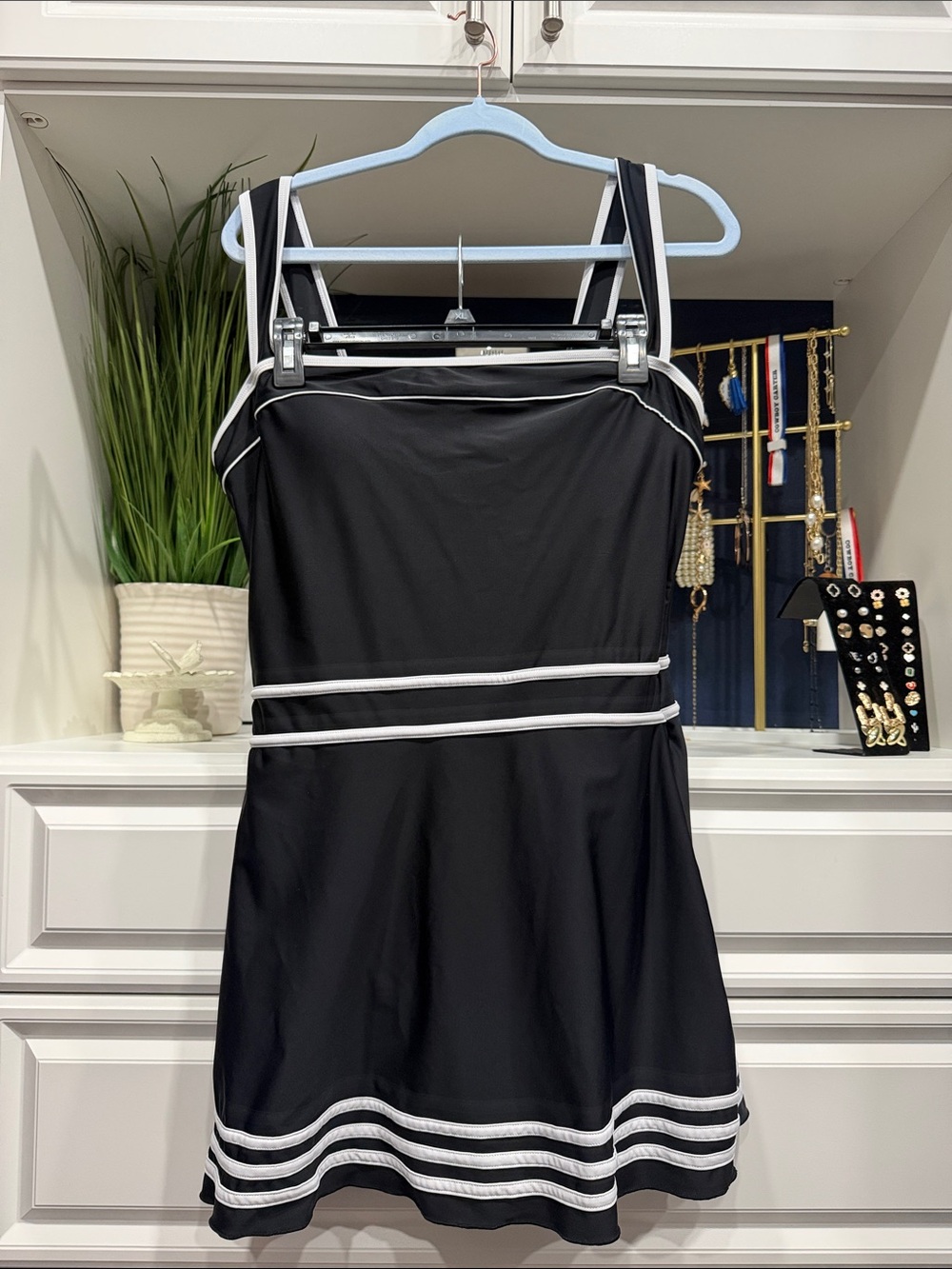 Shore Shapes Swimwear Black Swim Dress with White Trim SZ 14